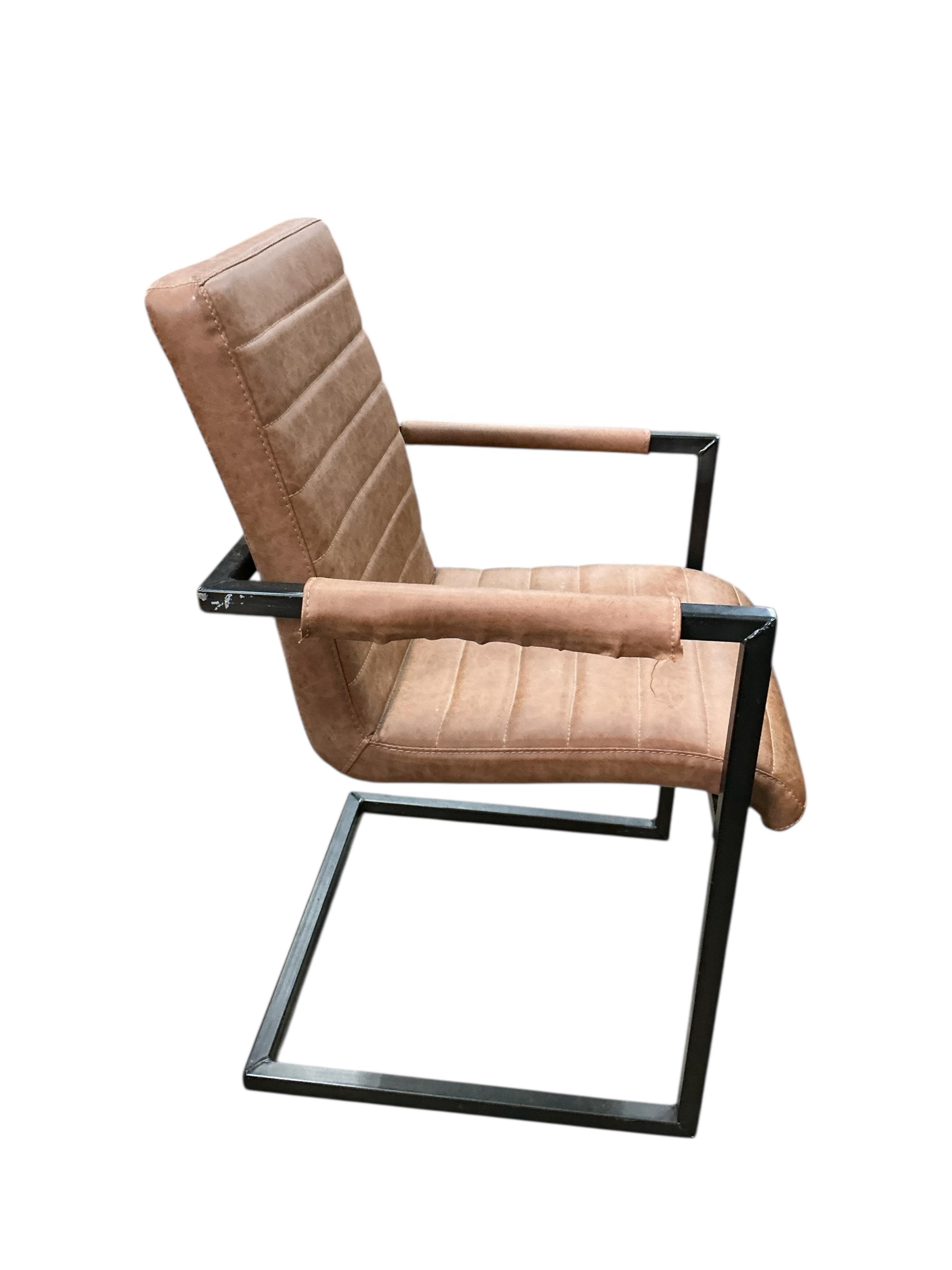 A set of four contemporary metal and reconstituted leather cantilever elbow chairs, width 55cm, depth 55cm, height 88cm